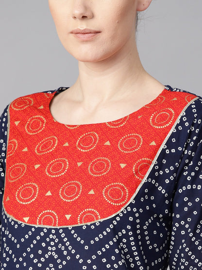 Women's Navy Blue Half Sleeve Bandhni Print Kurta With Front Printed Yoke