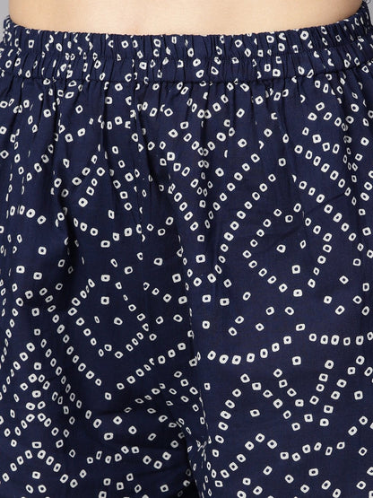 Women's Navy Blue Half Sleeve Bandhni Print Kurta With Front Printed Yoke