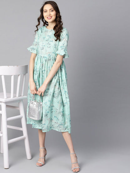 Women's Sky Blue Floral Printed Dress With Flared Sleeves