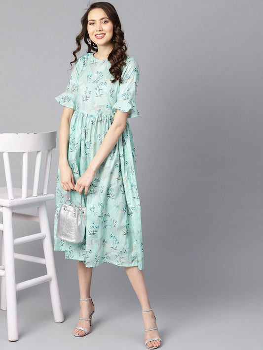 Women's Sky Blue Floral Printed Dress With Flared Sleeves