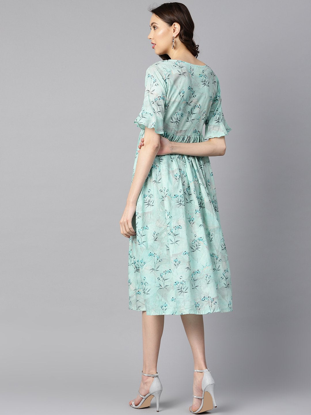 Women's Sky Blue Floral Printed Dress With Flared Sleeves