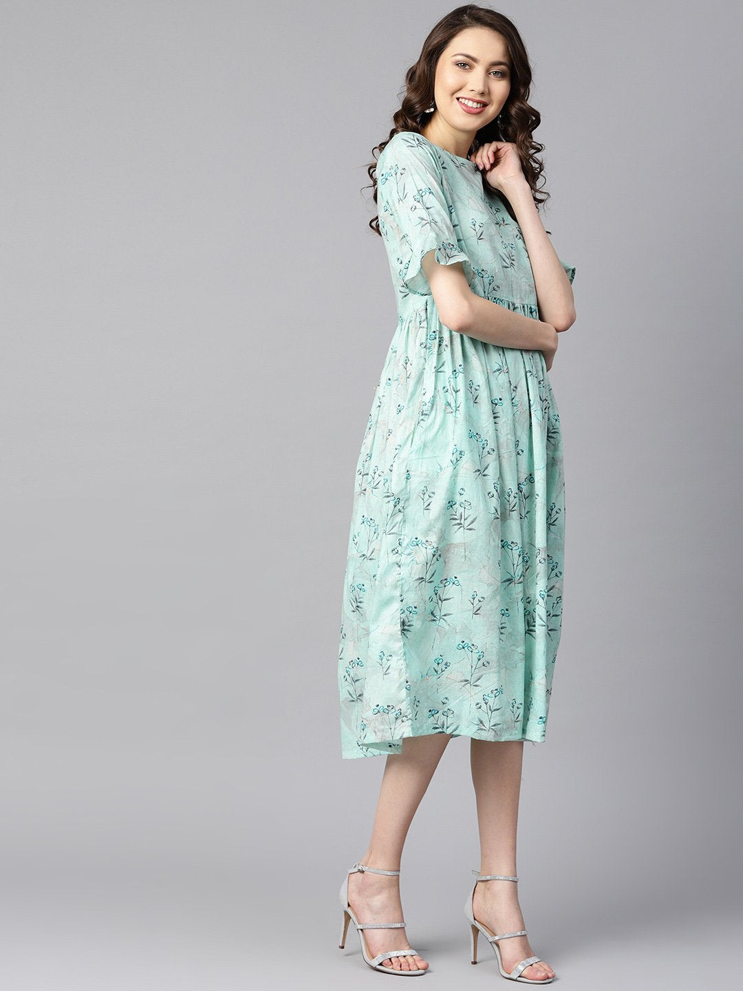 Women's Sky Blue Floral Printed Dress With Flared Sleeves