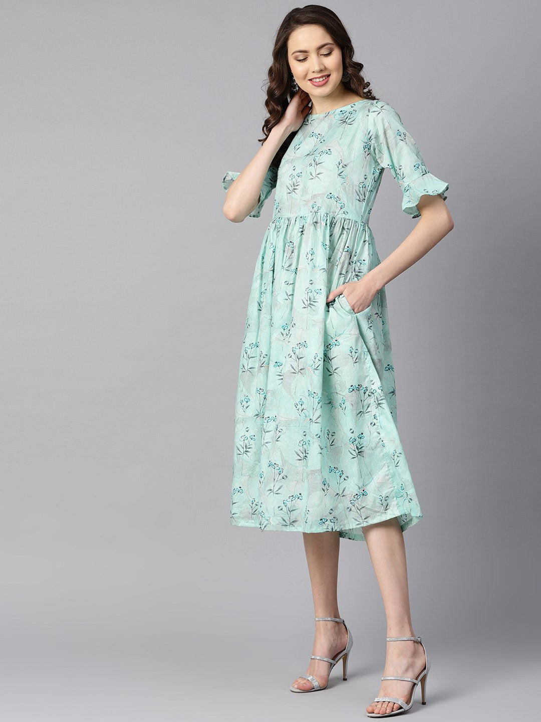 Women's Sky Blue Floral Printed Dress With Flared Sleeves