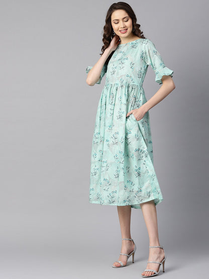 Women's Sky Blue Floral Printed Dress With Flared Sleeves