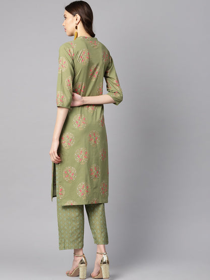 Women's Pista Green Floral Printed 3/4Th Sleeve Kurta With Pista Green Printed Pants.