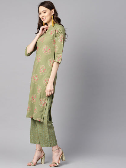 Women's Pista Green Floral Printed 3/4Th Sleeve Kurta With Pista Green Printed Pants.