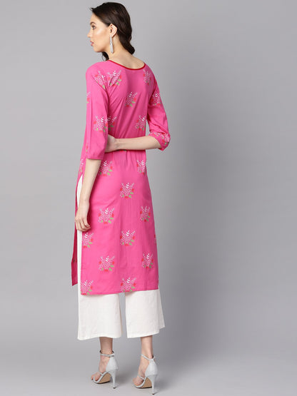 Women's Pink Round Neck Floral Printed Cotton Straight Kurta