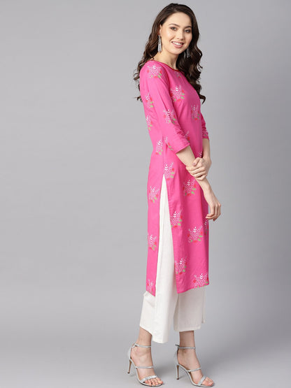 Women's Pink Round Neck Floral Printed Cotton Straight Kurta