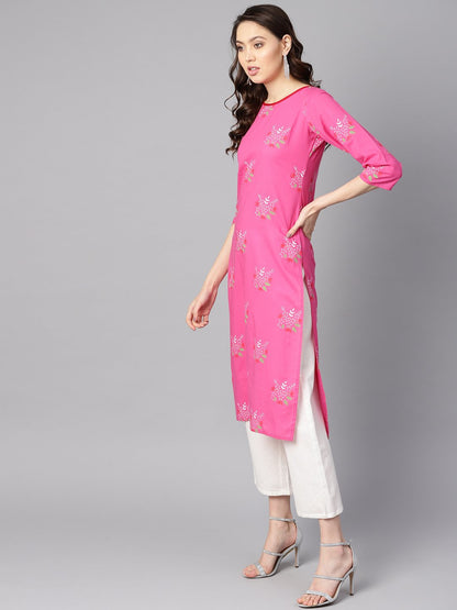 Women's Pink Round Neck Floral Printed Cotton Straight Kurta