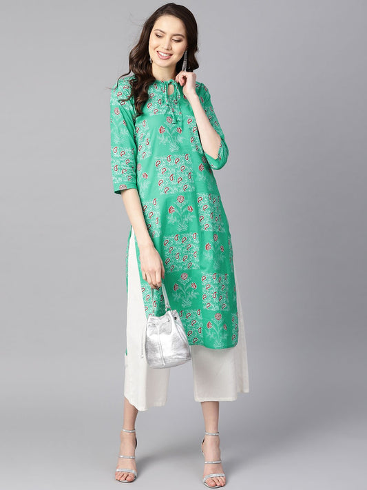 Women's Rama Green Floral Print Round Neck With Keyhole Tassel Kurta
