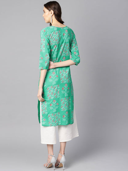 Women's Rama Green Floral Print Round Neck With Keyhole Tassel Kurta