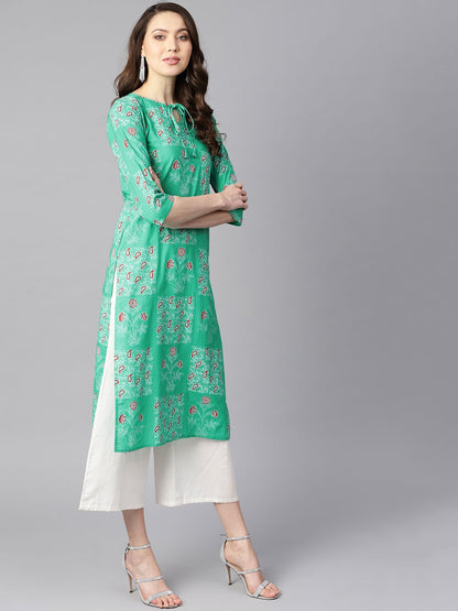 Women's Rama Green Floral Print Round Neck With Keyhole Tassel Kurta