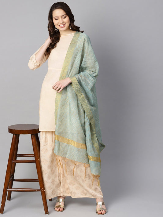 Women's Cream 3/4Th Sleeve Kurta Set With Gold Printed Sharara & Powder Blue Checked Dupatta