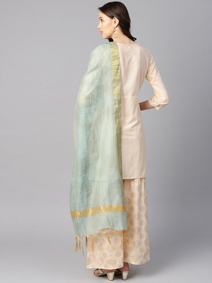 Women's Cream 3/4Th Sleeve Kurta Set With Gold Printed Sharara & Powder Blue Checked Dupatta