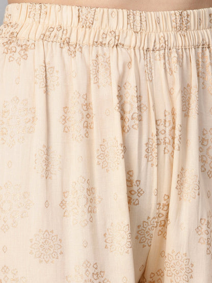 Women's Cream 3/4Th Sleeve Kurta Set With Gold Printed Sharara & Powder Blue Checked Dupatta