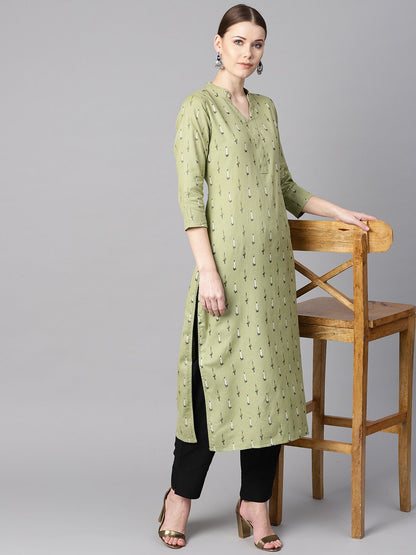 Women's Green Ikat Printed 3/4Th Sleeve Kurta With Solid Black Pants