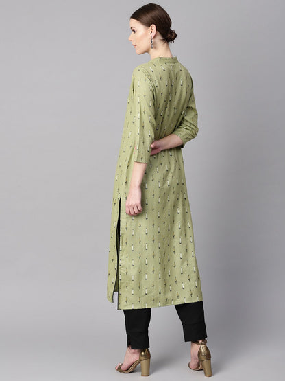 Women's Green Ikat Printed 3/4Th Sleeve Kurta With Solid Black Pants