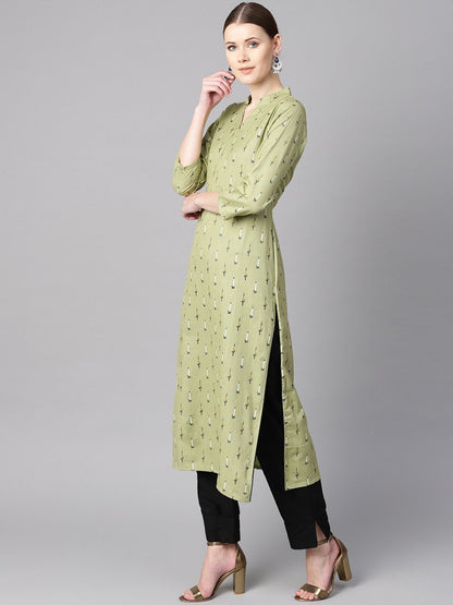Women's Green Ikat Printed 3/4Th Sleeve Kurta With Solid Black Pants
