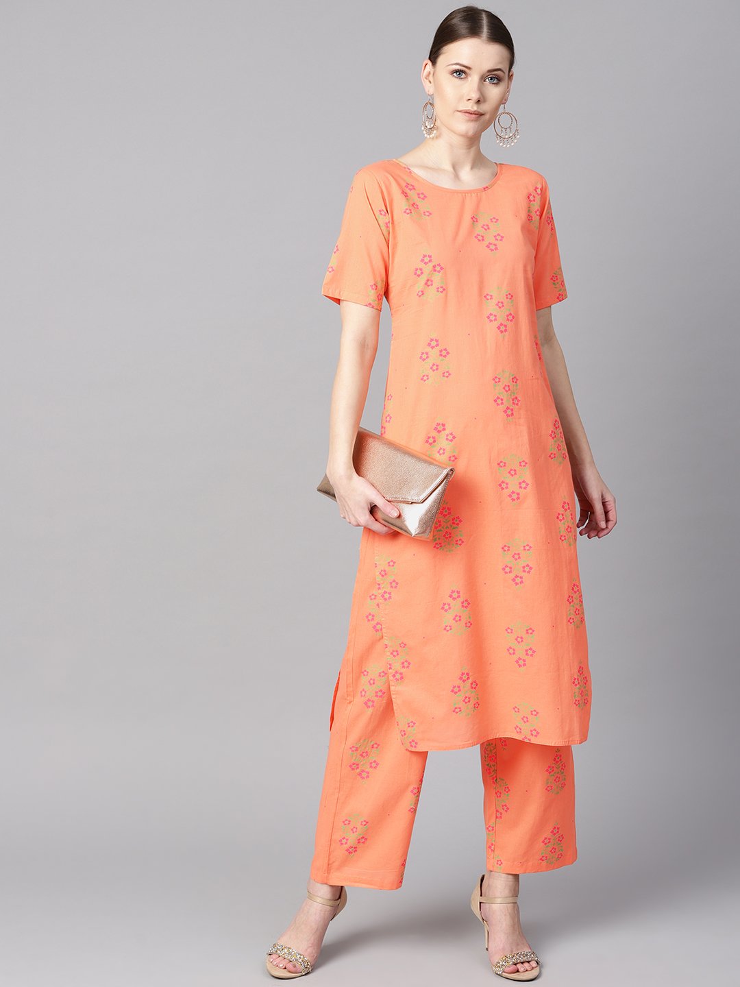 Women's Peach Floral Sort Printed Kurta Set With Printed Pants