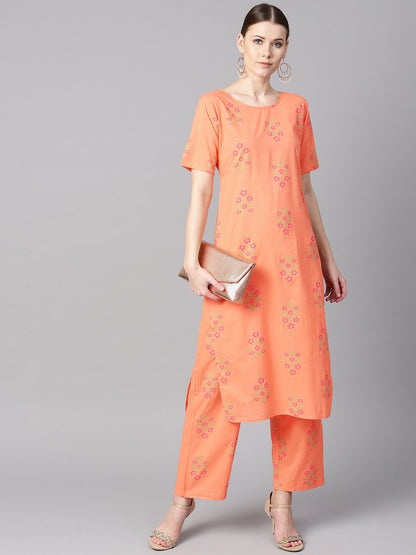 Women's Peach Floral Sort Printed Kurta Set With Printed Pants