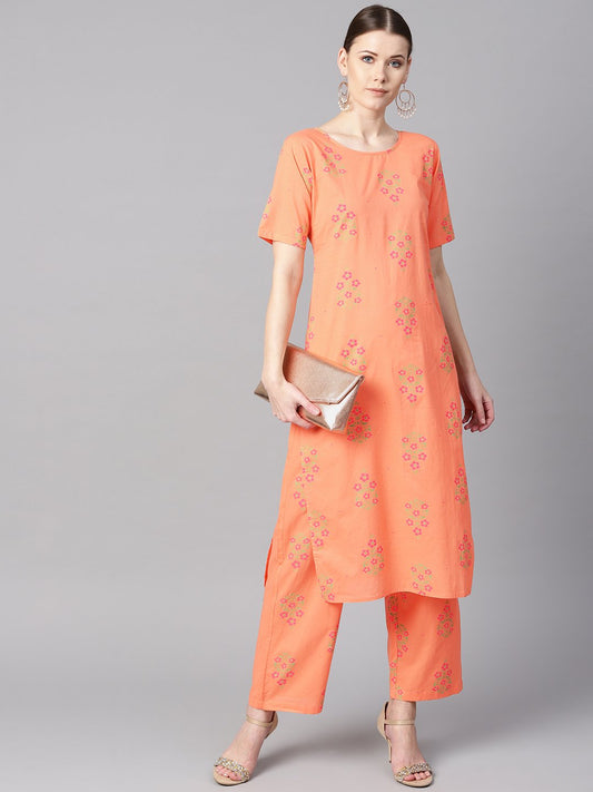 Women's Peach Floral Sort Printed Kurta Set With Printed Pants