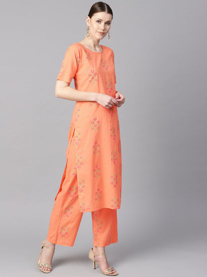 Women's Peach Floral Sort Printed Kurta Set With Printed Pants