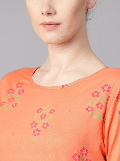 Women's Peach Floral Sort Printed Kurta Set With Printed Pants