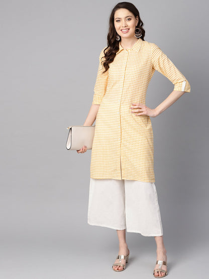 Women's Yellow & White Checked Kurta With Shirt Collar & 3/4 Sleeves