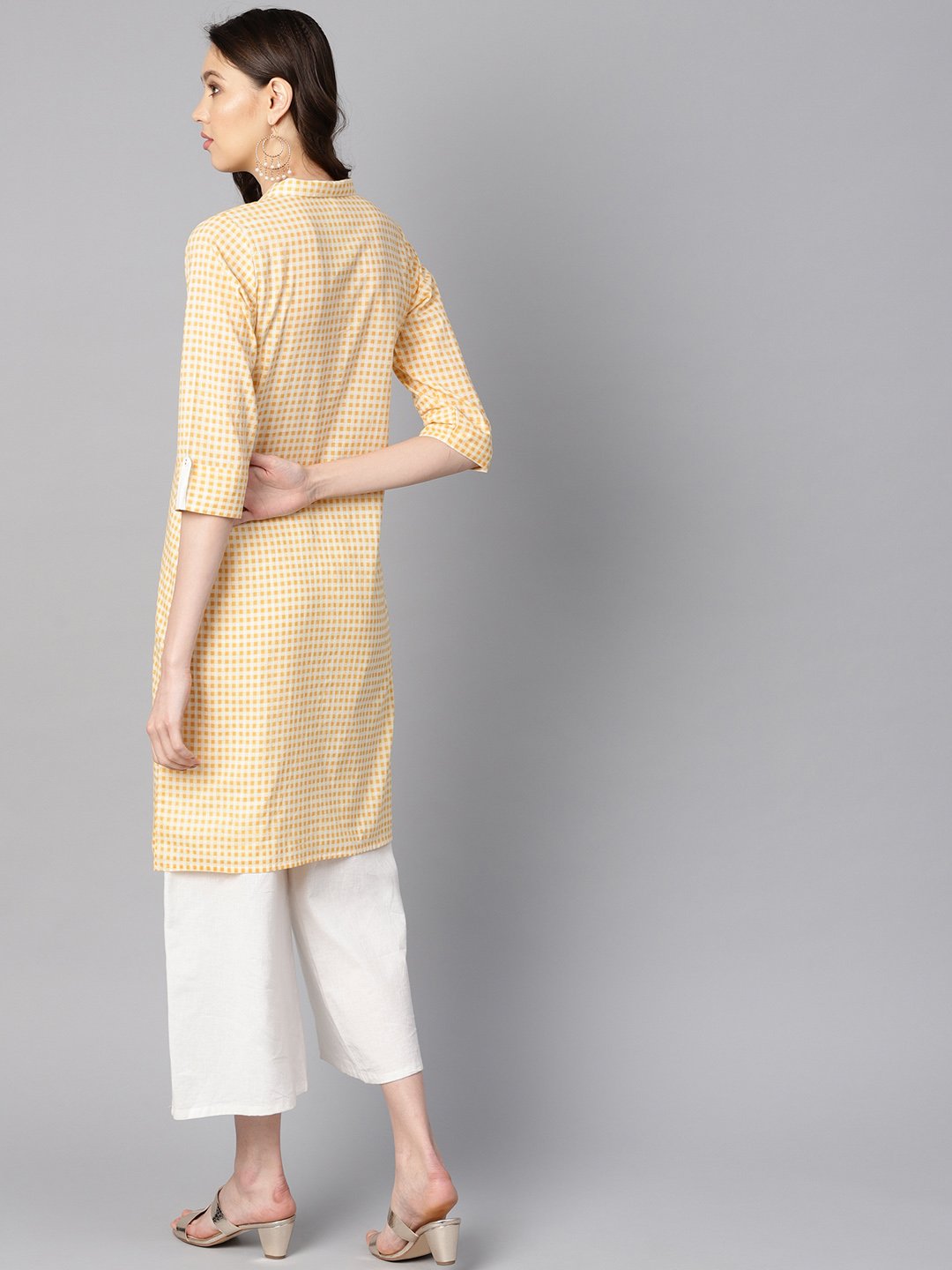Women's Yellow & White Checked Kurta With Shirt Collar & 3/4 Sleeves
