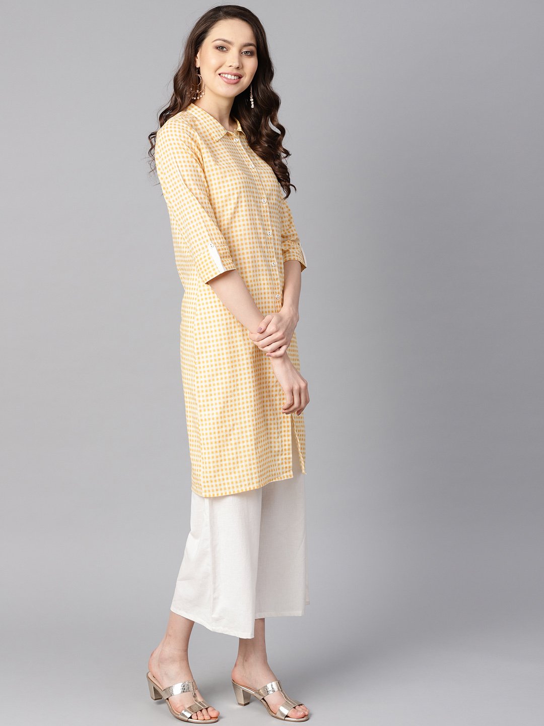 Women's Yellow & White Checked Kurta With Shirt Collar & 3/4 Sleeves