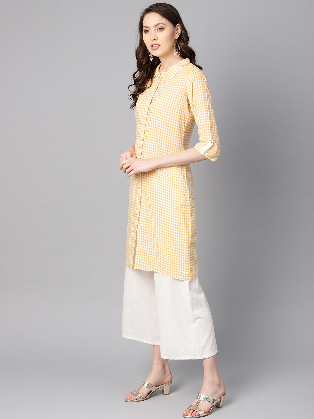 Women's Yellow & White Checked Kurta With Shirt Collar & 3/4 Sleeves