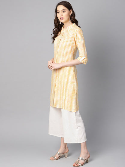Women's Yellow & White Checked Kurta With Shirt Collar & 3/4 Sleeves