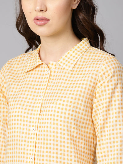 Women's Yellow & White Checked Kurta With Shirt Collar & 3/4 Sleeves