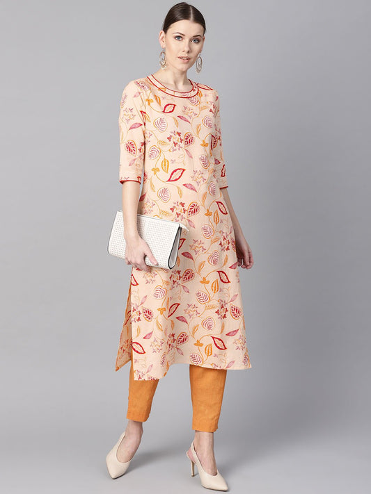 Women's Cream Floral Printed Straight Kurta With Round Neck & 3/4 Sleeves