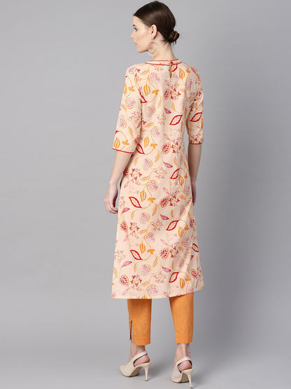 Women's Cream Floral Printed Straight Kurta With Round Neck & 3/4 Sleeves