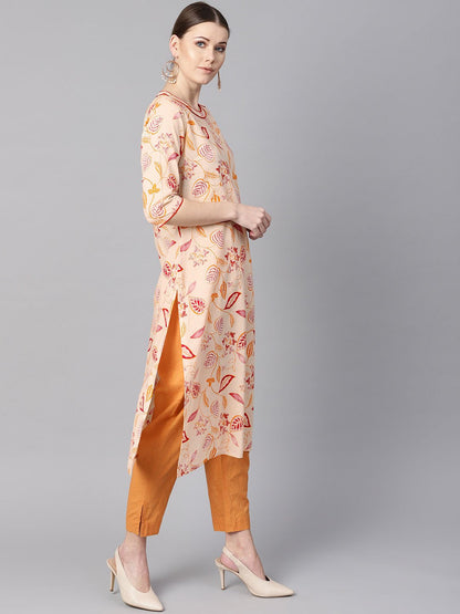 Women's Cream Floral Printed Straight Kurta With Round Neck & 3/4 Sleeves