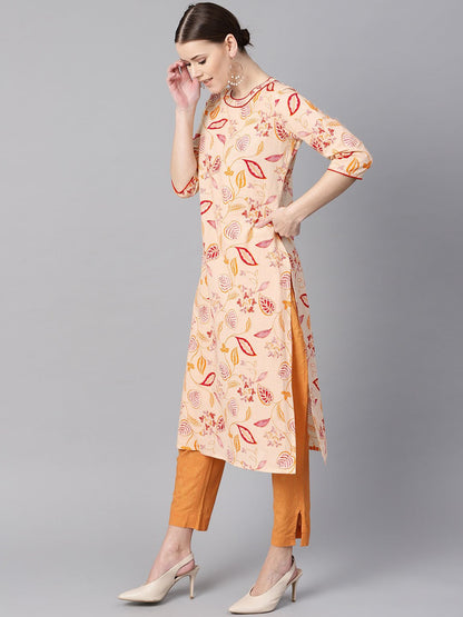 Women's Cream Floral Printed Straight Kurta With Round Neck & 3/4 Sleeves