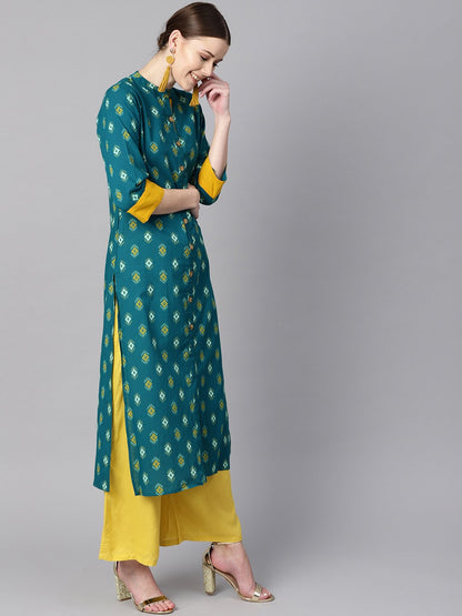 Women's Teal Printed Straight Kurta