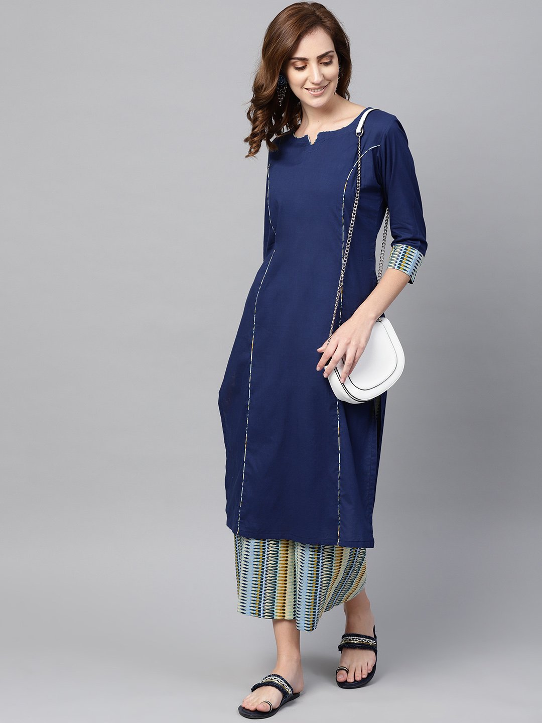 Women's Navy Blue Kurta Set With Cream Multi Colored Culottes