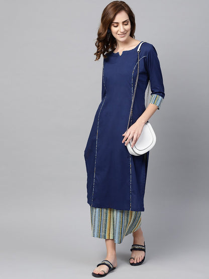 Women's Navy Blue Kurta Set With Cream Multi Colored Culottes