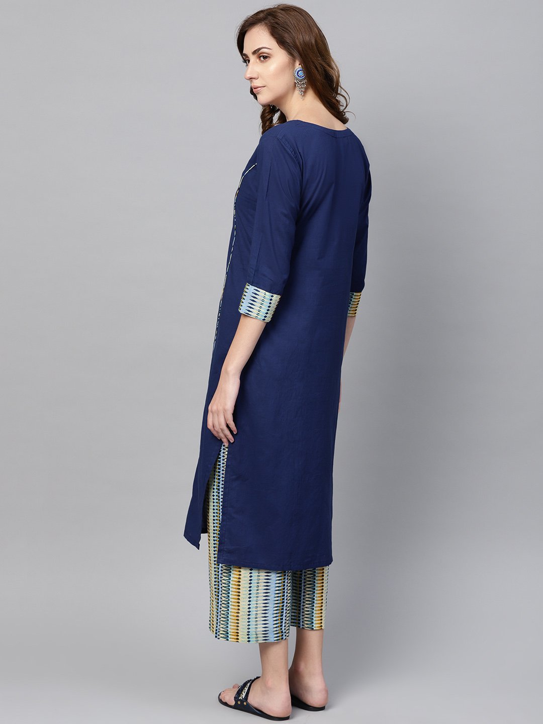 Women's Navy Blue Kurta Set With Cream Multi Colored Culottes
