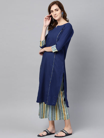 Women's Navy Blue Kurta Set With Cream Multi Colored Culottes