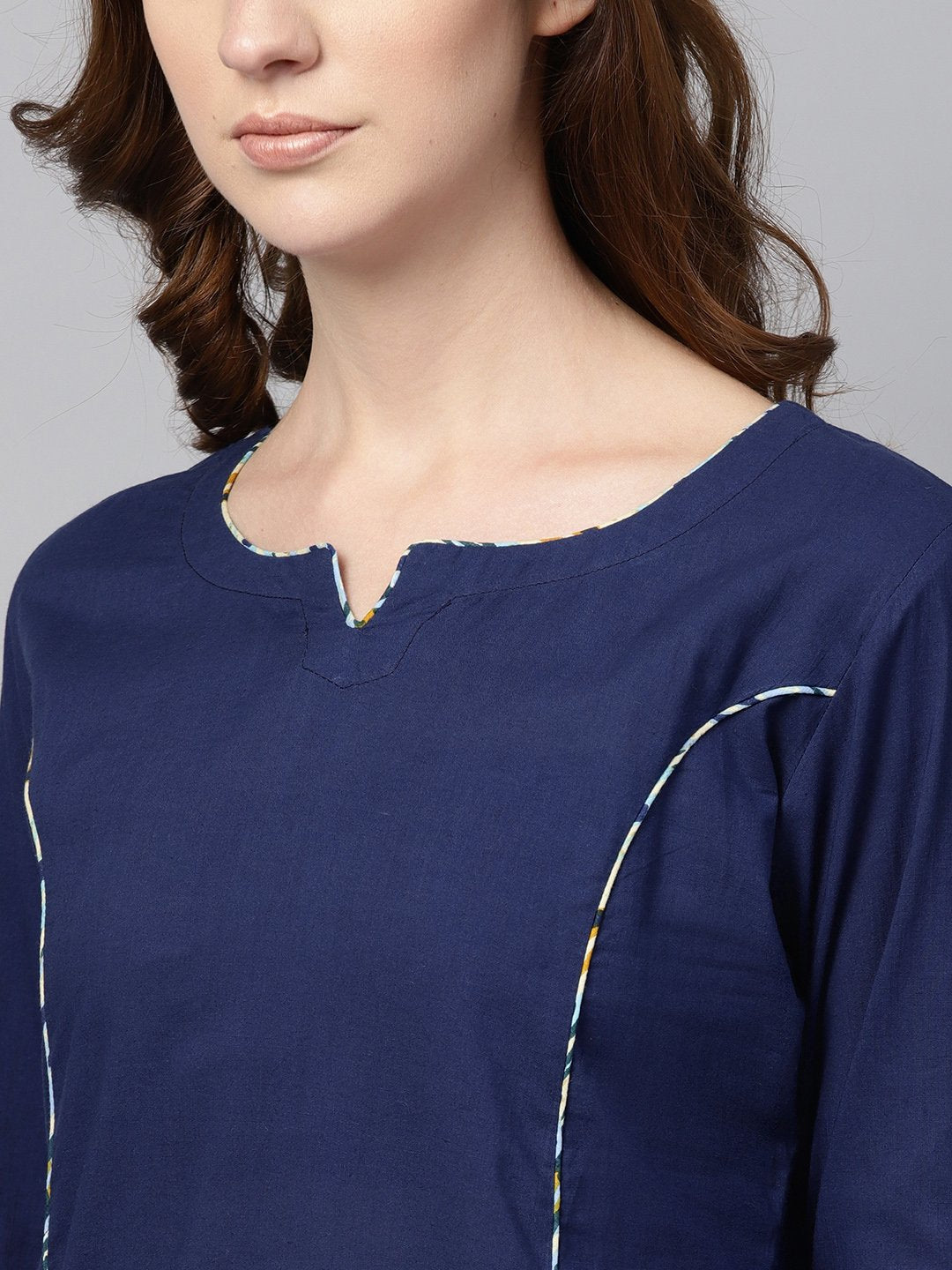 Women's Navy Blue Kurta Set With Cream Multi Colored Culottes
