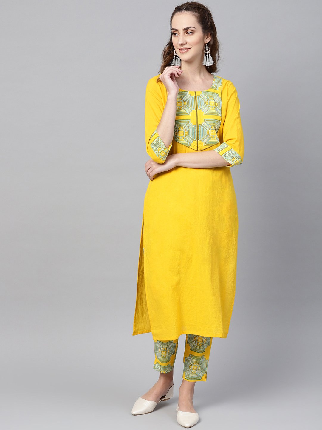 Women's Solid Yellow Kurta Set With Front Printed Yoke & Printed Pants