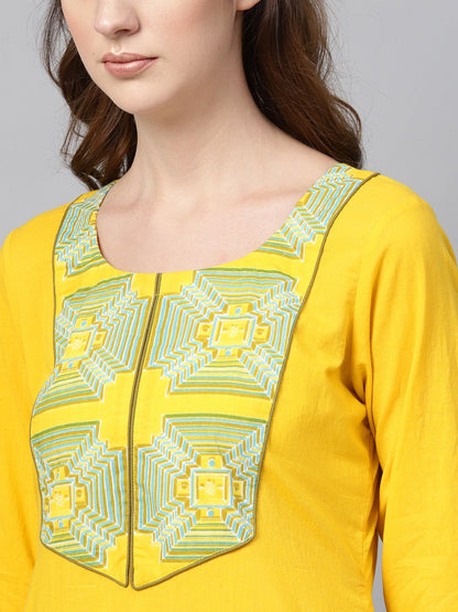 Women's Solid Yellow Kurta Set With Front Printed Yoke & Printed Pants