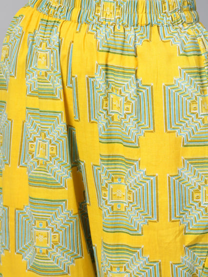 Women's Solid Yellow Kurta Set With Front Printed Yoke & Printed Pants