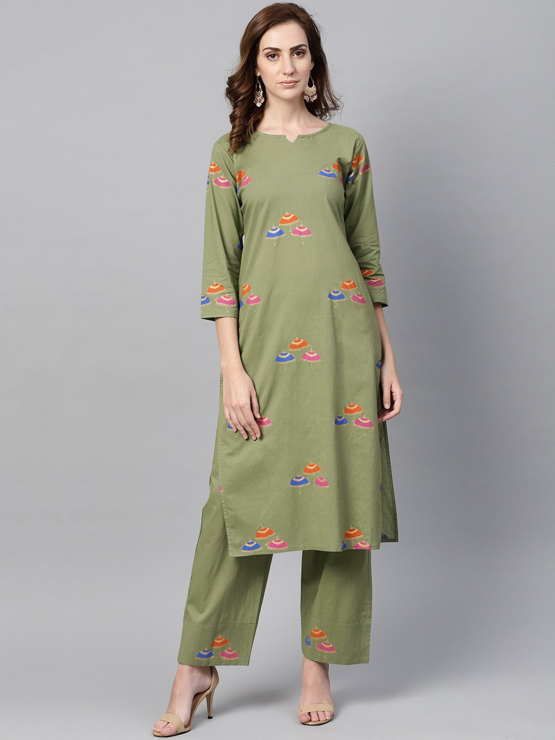 Women's Pistachio Green 3/4Th Sleeve Printed Kurta Set With Ankle Length Printed Pants