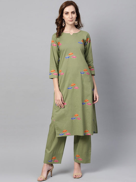 Women's Pistachio Green 3/4Th Sleeve Printed Kurta Set With Ankle Length Printed Pants