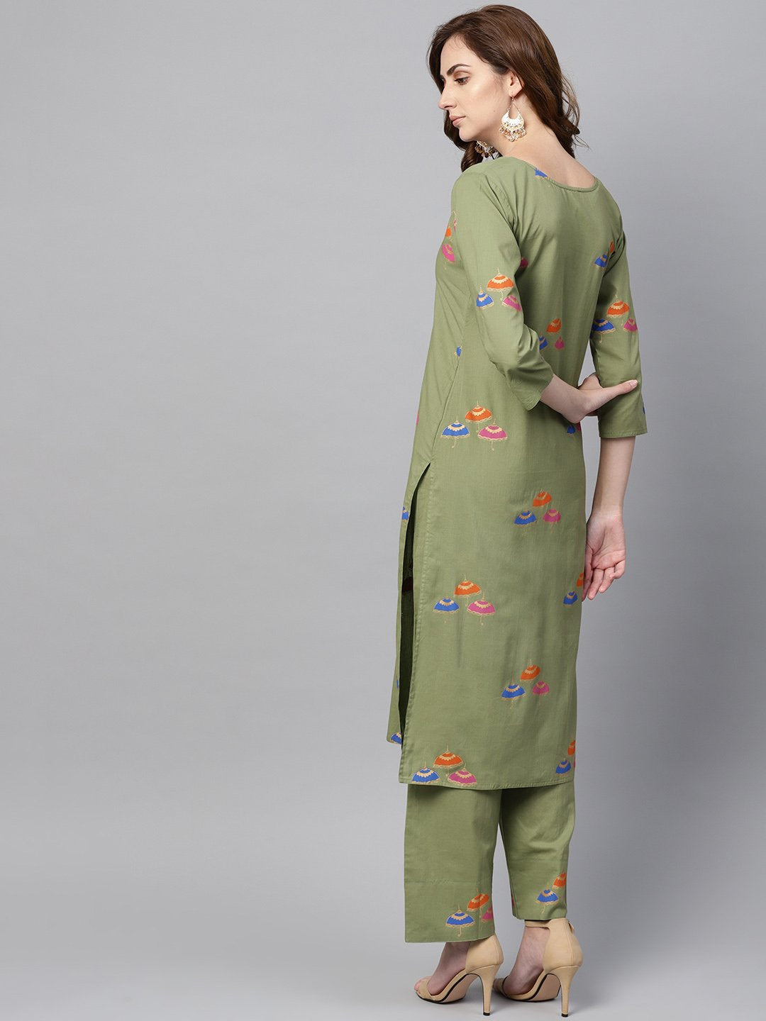 Women's Pistachio Green 3/4Th Sleeve Printed Kurta Set With Ankle Length Printed Pants