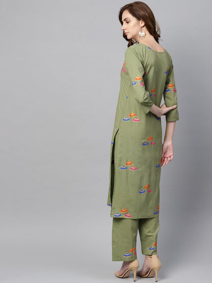Women's Pistachio Green 3/4Th Sleeve Printed Kurta Set With Ankle Length Printed Pants